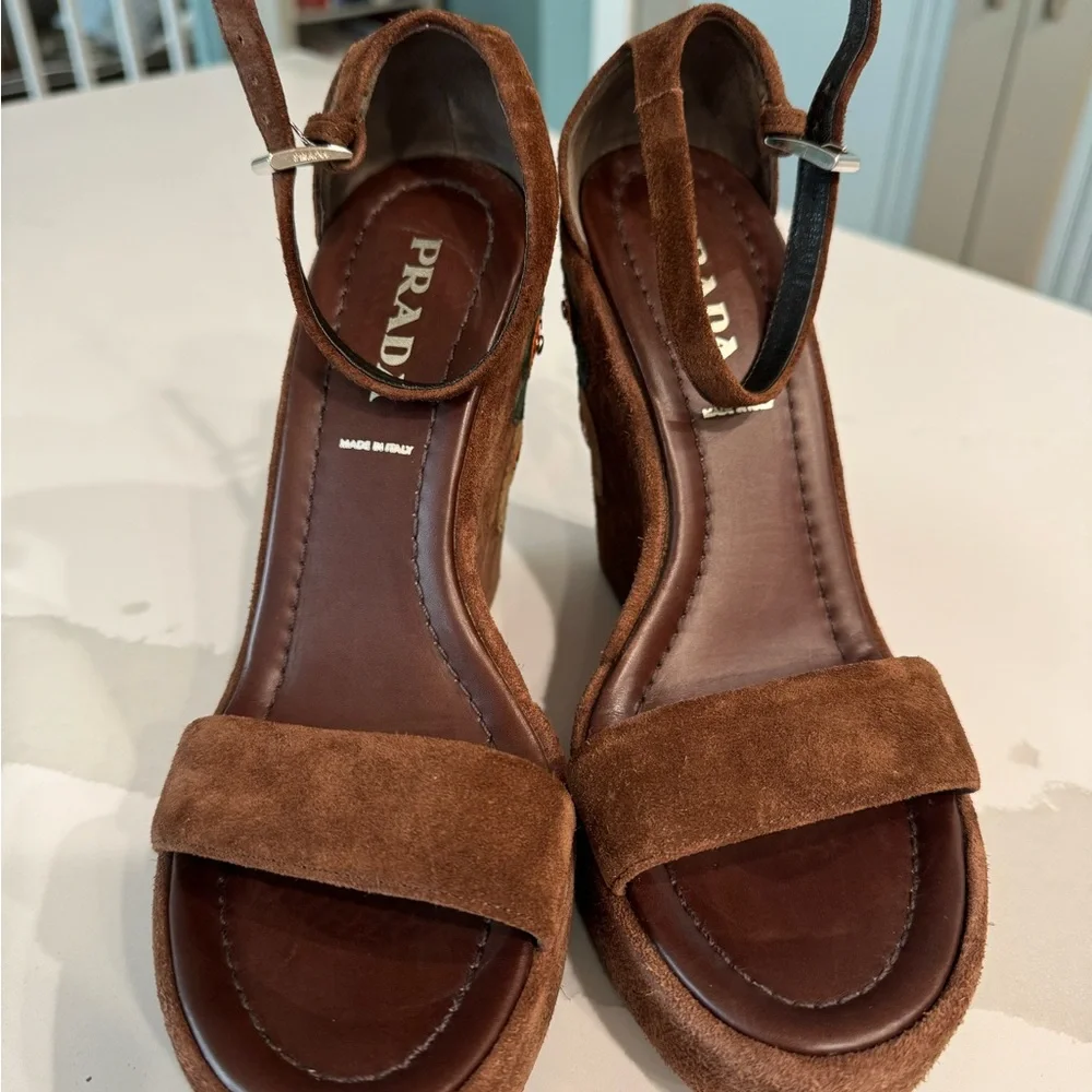 Prada suede wedge sandals. Size 37.5 US 7.5 - Picture 10 of 16